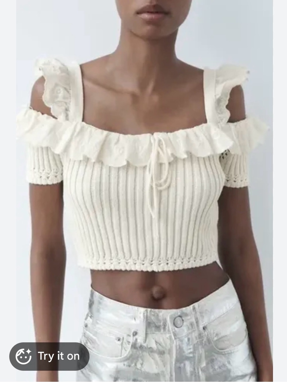 Zara Ivory Ribbed Knit Ruffle Lace Tie Square Neck Cold Shoulder Crop Top S